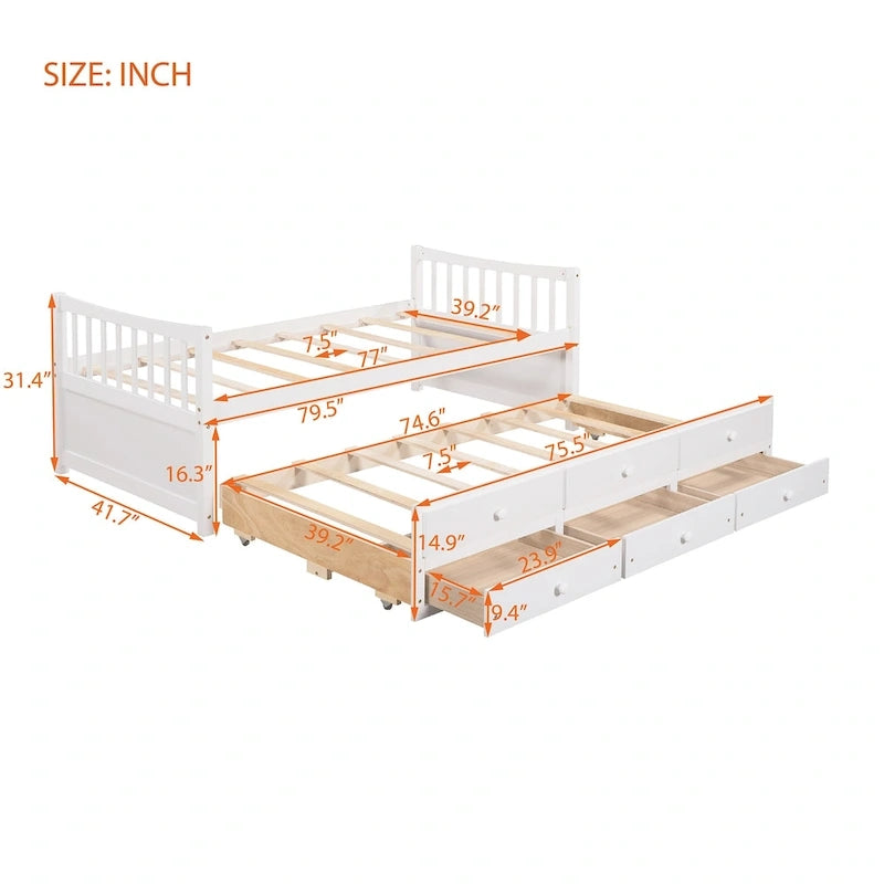 Grey / White Plywood Daybed with Pull-Out Trundle & 3 Drawers – Twin / Full – 1-2 Person