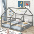 Gray Pine Wood Twin x2 House-Shaped Platform Bed with Guardrails & Window Design – 2 Person