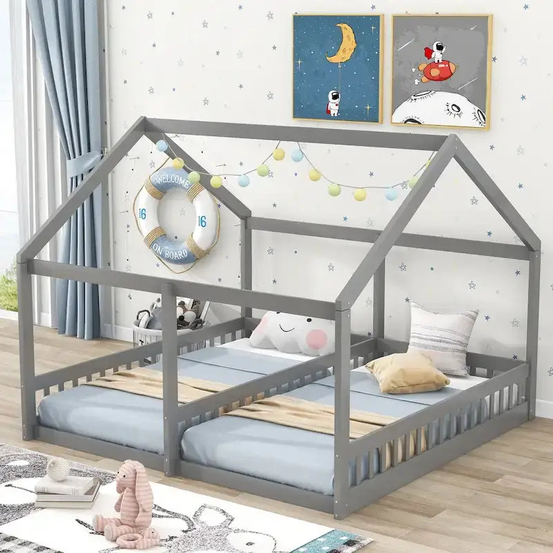 Gray Pine Wood Twin x2 House-Shaped Platform Bed with Guardrails & Window Design – 2 Person
