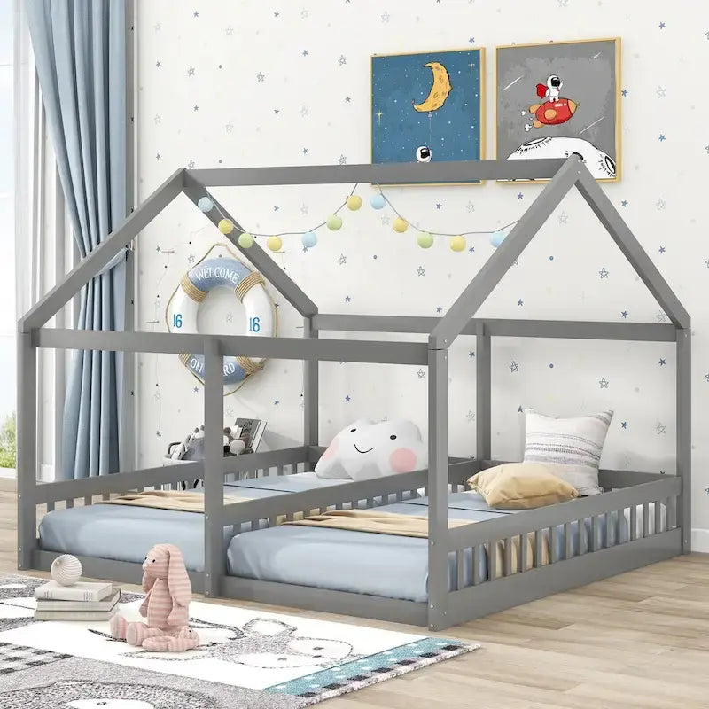 Gray Pine Wood Twin x2 House-Shaped Platform Bed with Guardrails & Window Design – 2 Person