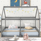 Gray Pine Wood Twin x2 House-Shaped Platform Bed with Guardrails & Window Design – 2 Person