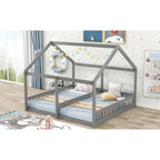 Gray Pine Wood Twin x2 House-Shaped Platform Bed with Guardrails & Window Design – 2 Person