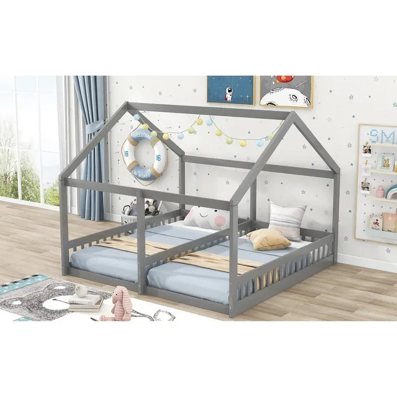 Gray Pine Wood Twin x2 House-Shaped Platform Bed with Guardrails & Window Design – 2 Person