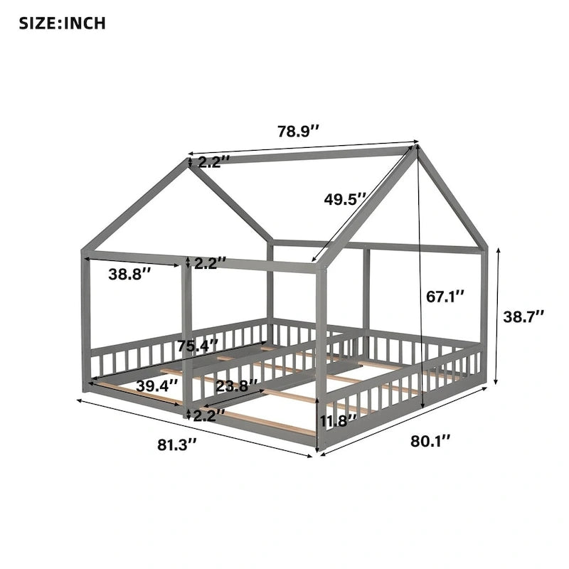 Gray Pine Wood Twin x2 House-Shaped Platform Bed with Guardrails & Window Design – 2 Person