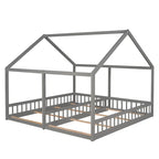 Gray Pine Wood Twin x2 House-Shaped Platform Bed with Guardrails & Window Design – 2 Person