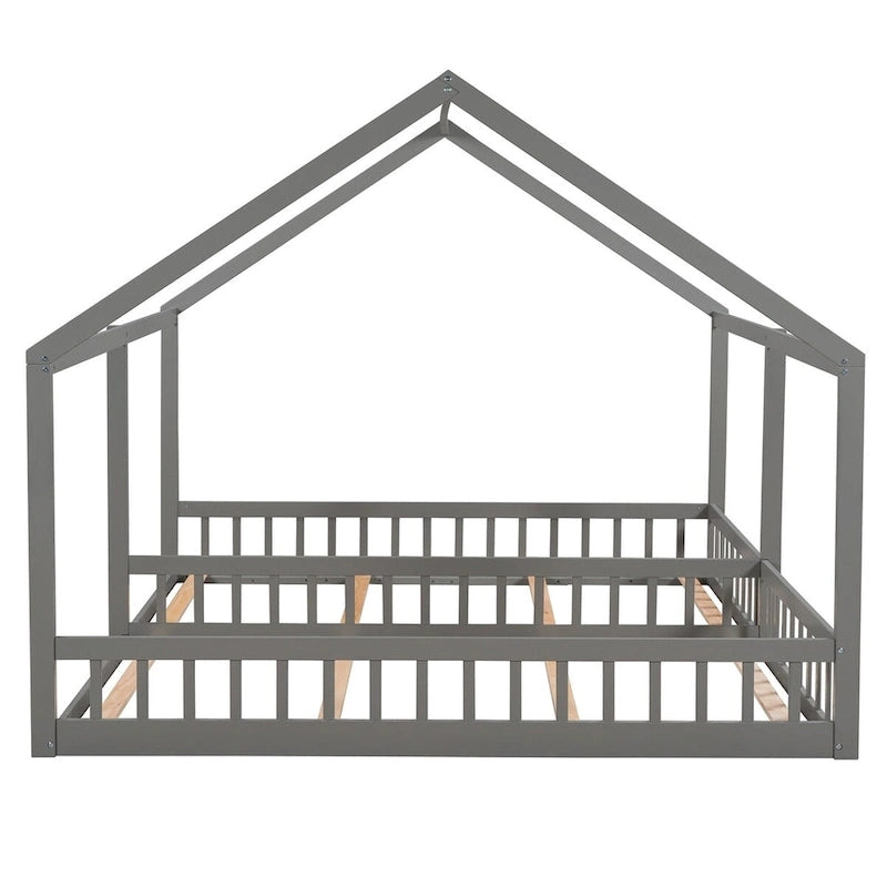 Gray Pine Wood Twin x2 House-Shaped Platform Bed with Guardrails & Window Design – 2 Person
