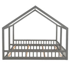 Gray Pine Wood Twin x2 House-Shaped Platform Bed with Guardrails & Window Design – 2 Person