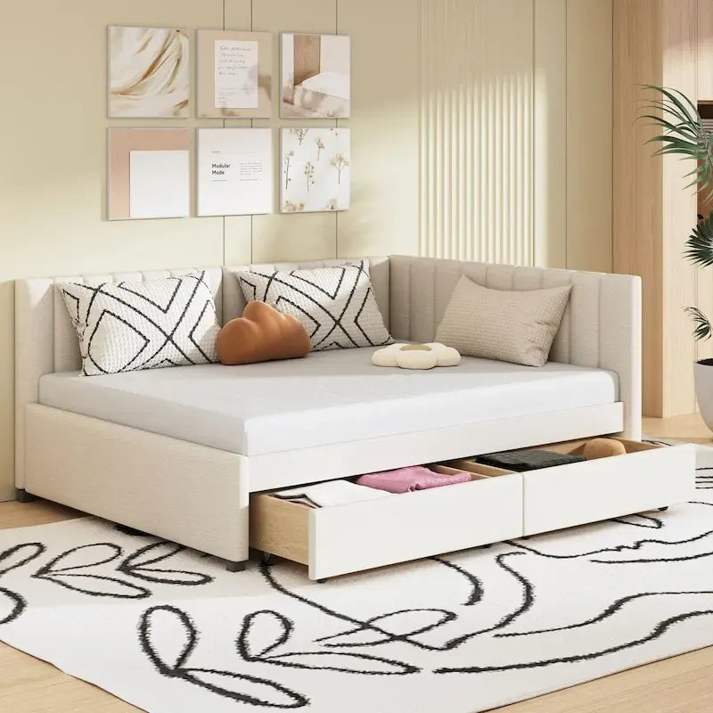 Beige Linen Full Size Upholstered Daybed with 2 Storage Drawers & Backrest – 2 Person