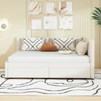 Beige Linen Full Size Upholstered Daybed with 2 Storage Drawers & Backrest – 2 Person
