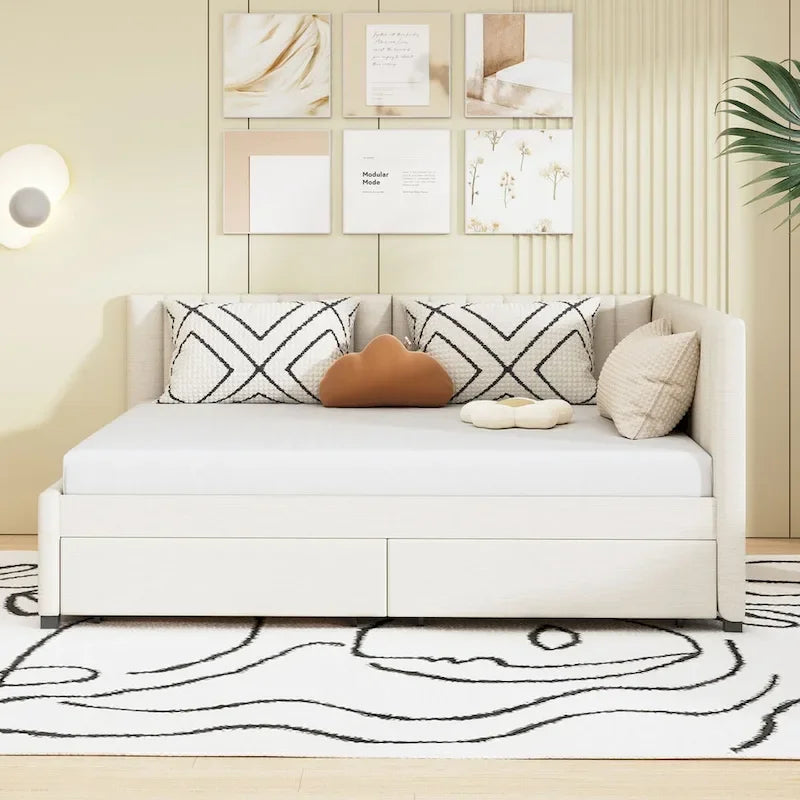 Beige Linen Full Size Upholstered Daybed with 2 Storage Drawers & Backrest – 2 Person