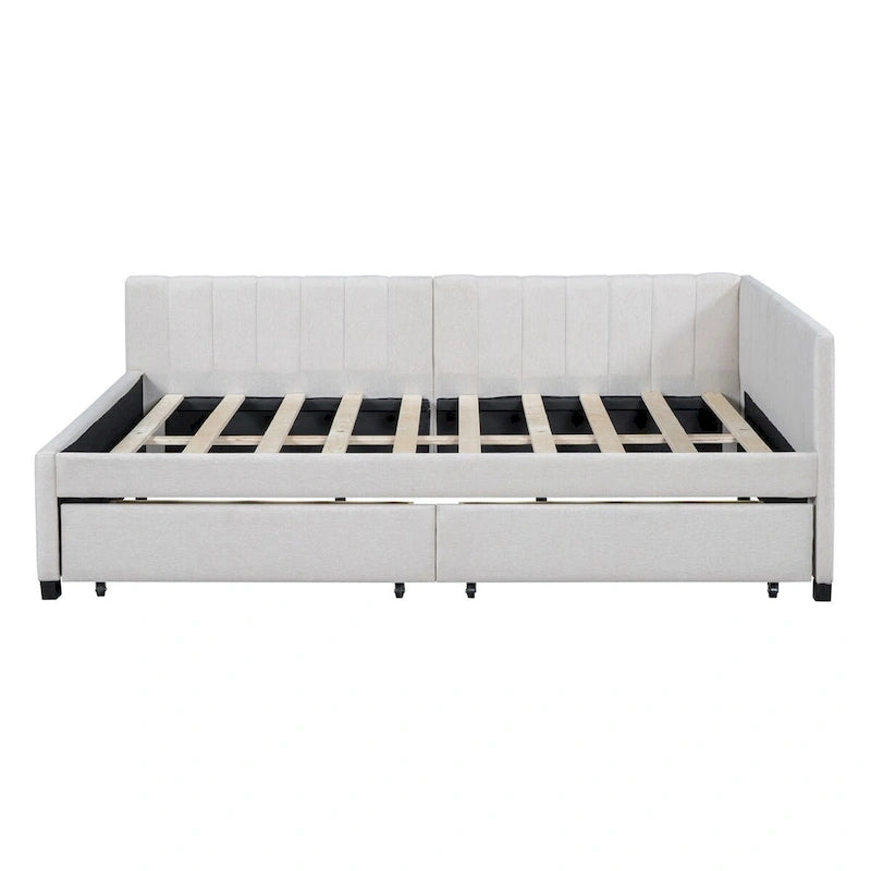 Beige Linen Full Size Upholstered Daybed with 2 Storage Drawers & Backrest – 2 Person