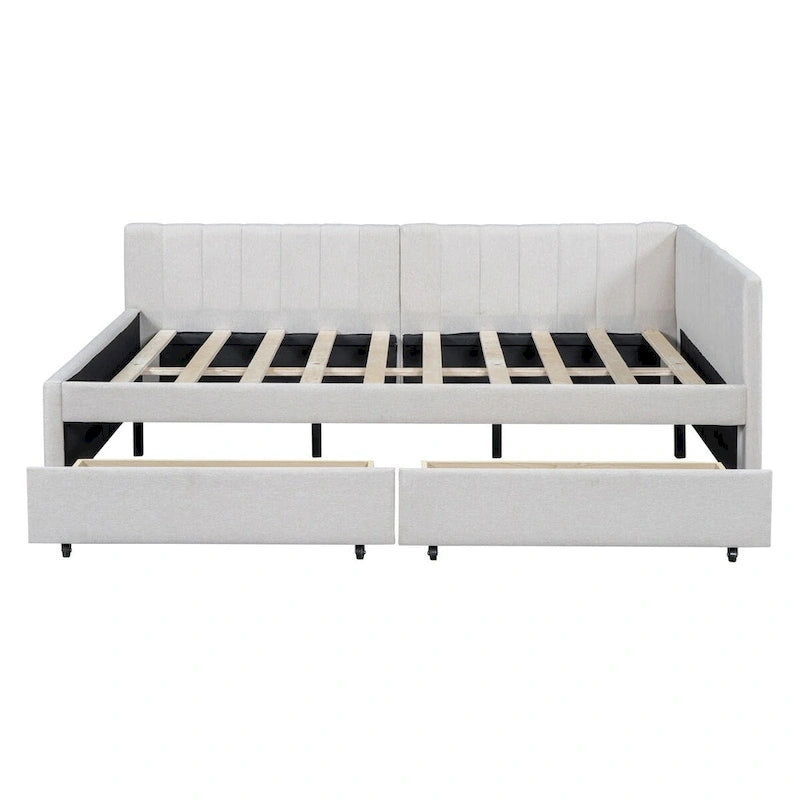 Beige Linen Full Size Upholstered Daybed with 2 Storage Drawers & Backrest – 2 Person