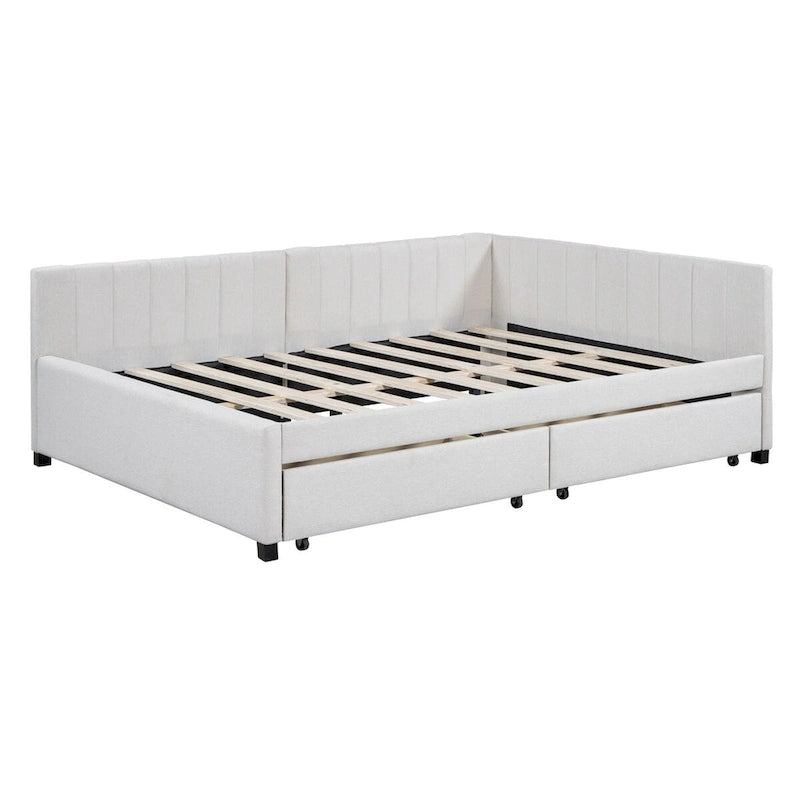 Beige Linen Full Size Upholstered Daybed with 2 Storage Drawers & Backrest – 2 Person