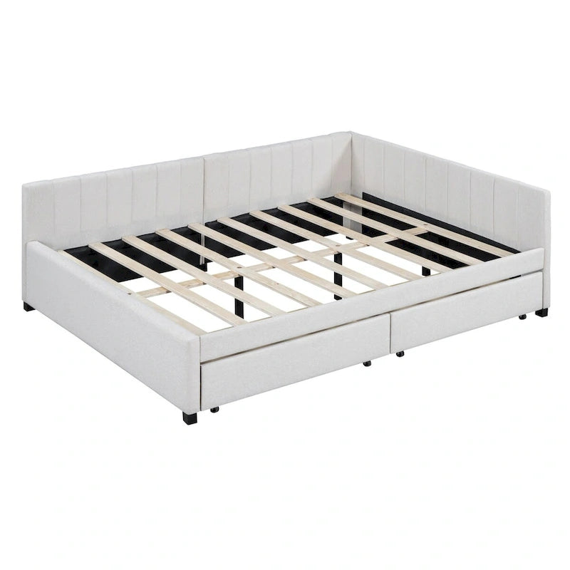 Beige Linen Full Size Upholstered Daybed with 2 Storage Drawers & Backrest – 2 Person