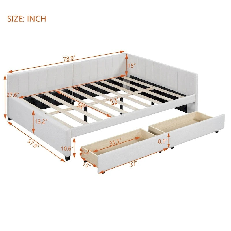 Beige Linen Full Size Upholstered Daybed with 2 Storage Drawers & Backrest – 2 Person