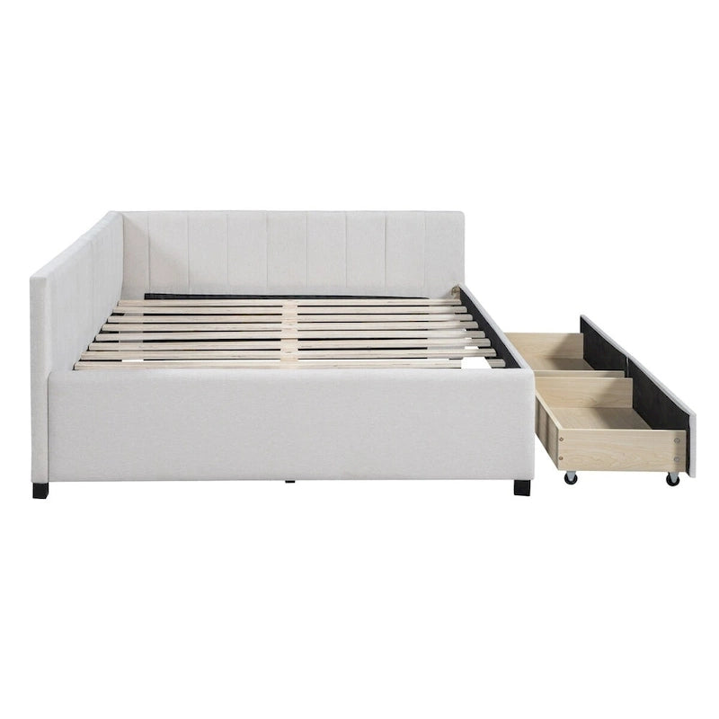 Beige Linen Full Size Upholstered Daybed with 2 Storage Drawers & Backrest – 2 Person