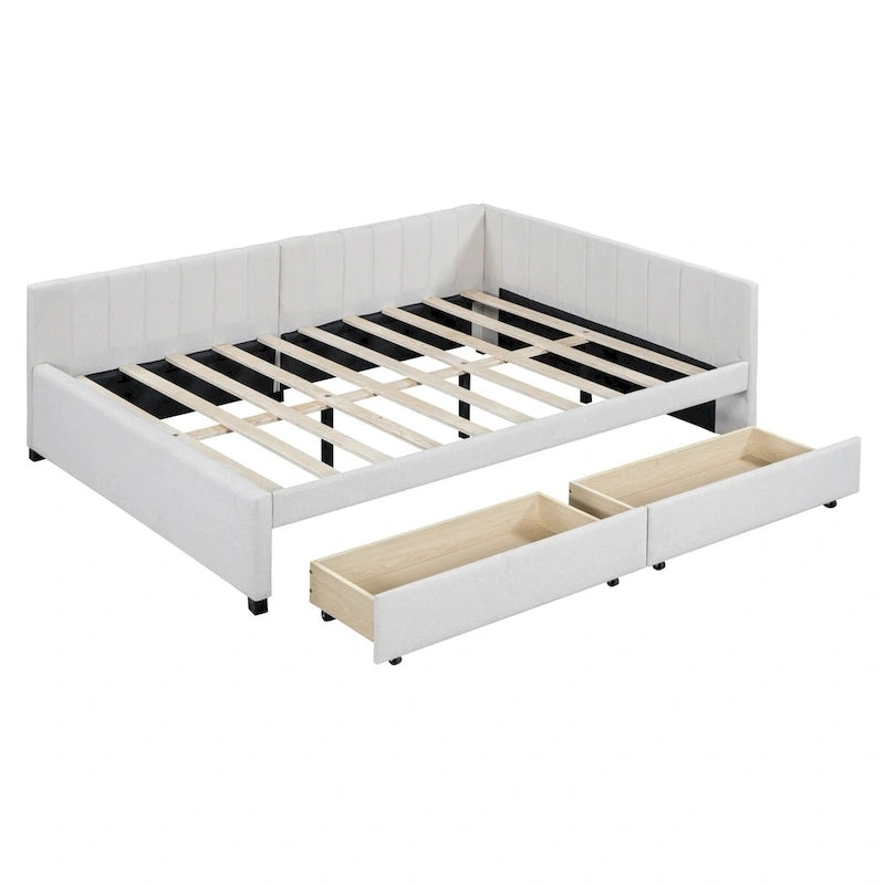 Beige Linen Full Size Upholstered Daybed with 2 Storage Drawers & Backrest – 2 Person
