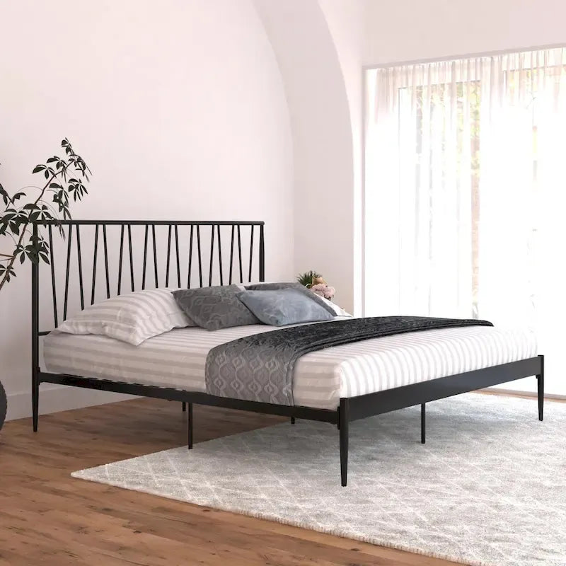Black Metal Bed Frame with Geometric Panel Headboard – Queen