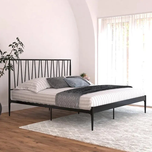 Black Metal Bed Frame with Geometric Panel Headboard – Queen
