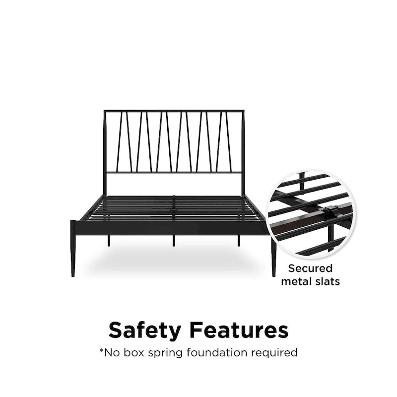 Black Metal Bed Frame with Geometric Panel Headboard – Queen