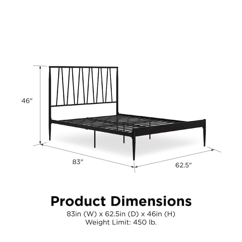 Black Metal Bed Frame with Geometric Panel Headboard – Queen