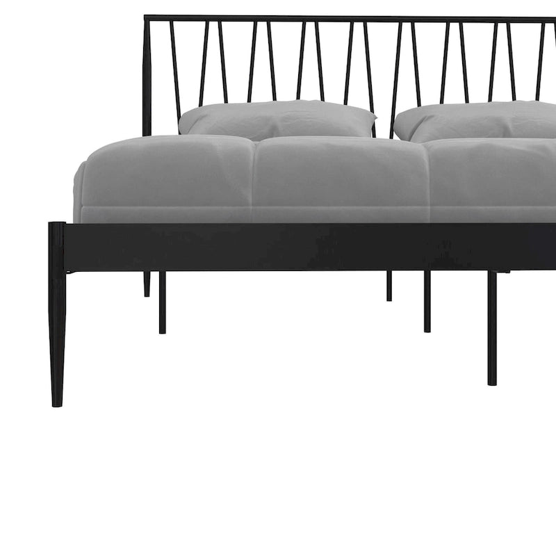 Black Metal Bed Frame with Geometric Panel Headboard – Queen