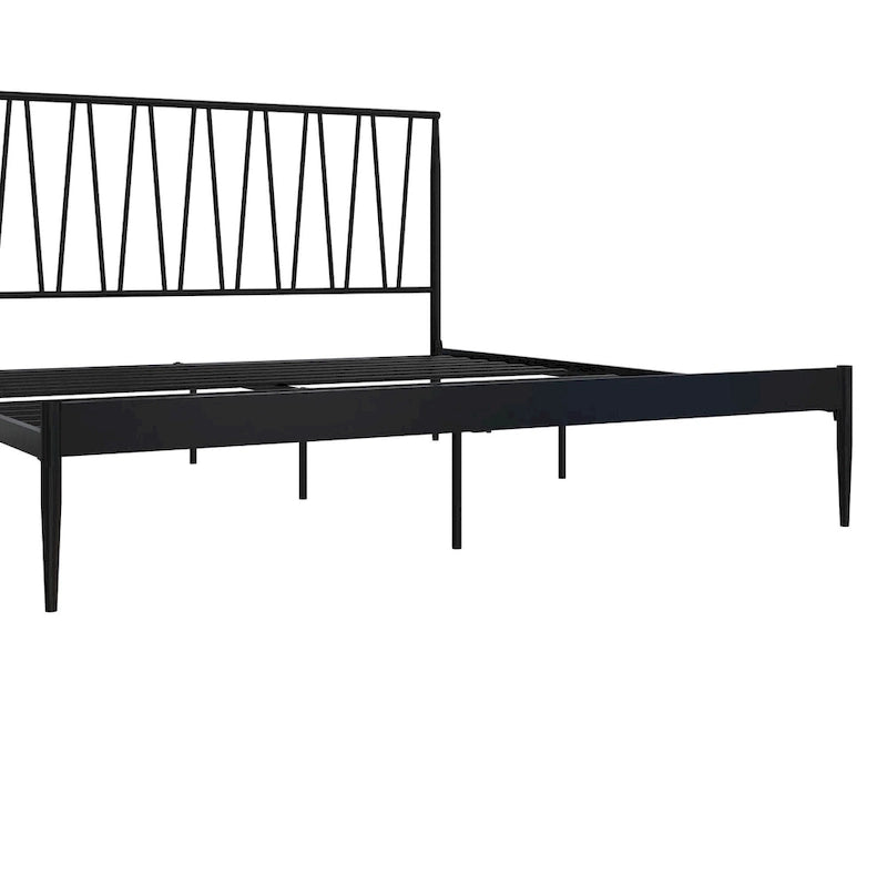 Black Metal Bed Frame with Geometric Panel Headboard – Queen