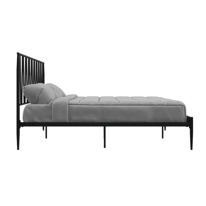 Black Metal Bed Frame with Geometric Panel Headboard – Queen