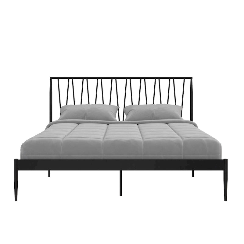 Black Metal Bed Frame with Geometric Panel Headboard – Queen