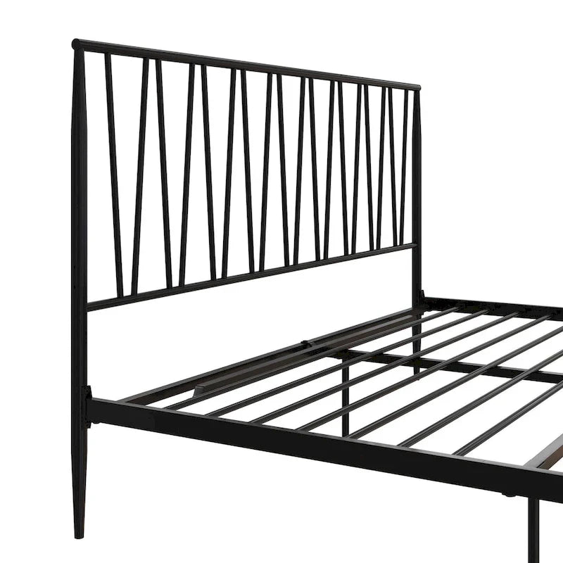 Black Metal Bed Frame with Geometric Panel Headboard – Queen