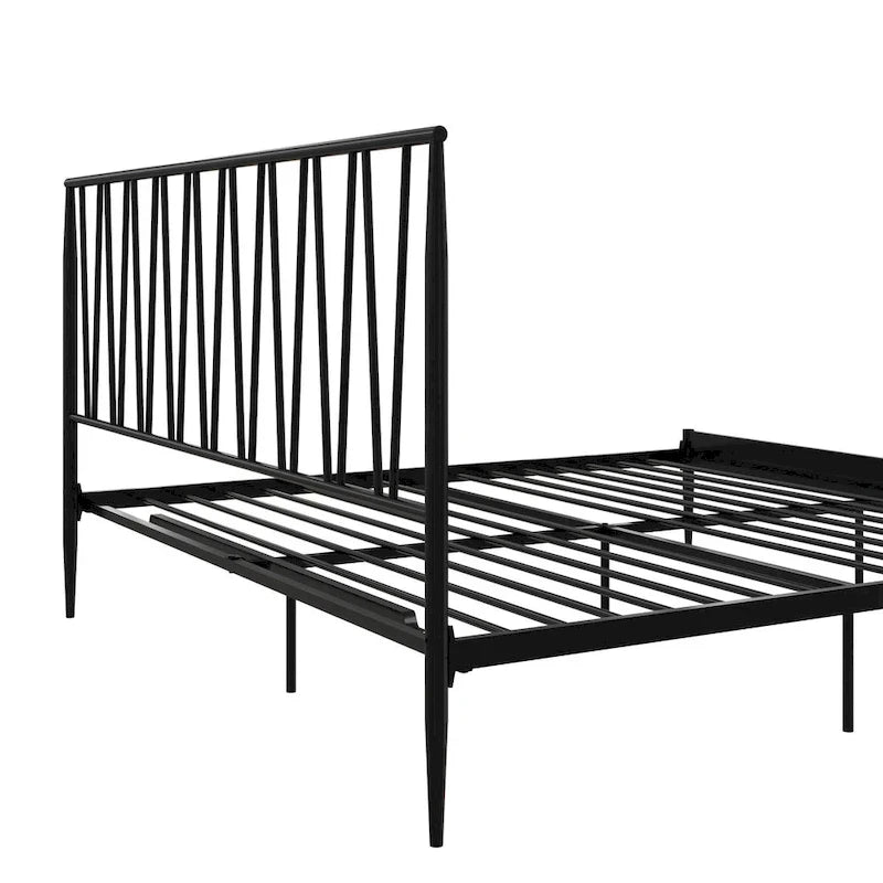 Black Metal Bed Frame with Geometric Panel Headboard – Queen