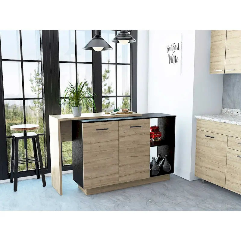 Black and Light Oak Contemporary Kitchen Island with Bar Table - 20  X 40  X 20 