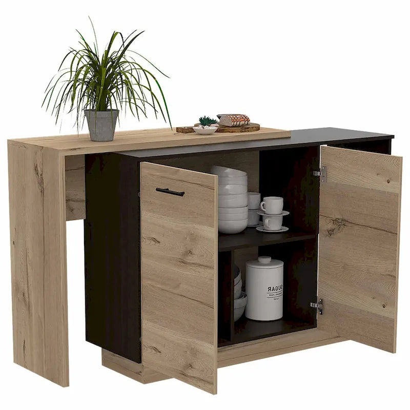 Black Wengue & Light Oak Portable Kitchen Island with Bar Table & Storage