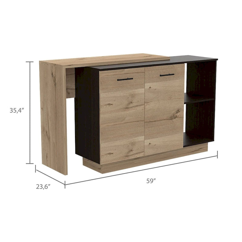 Black Wengue & Light Oak Portable Kitchen Island with Bar Table & Storage