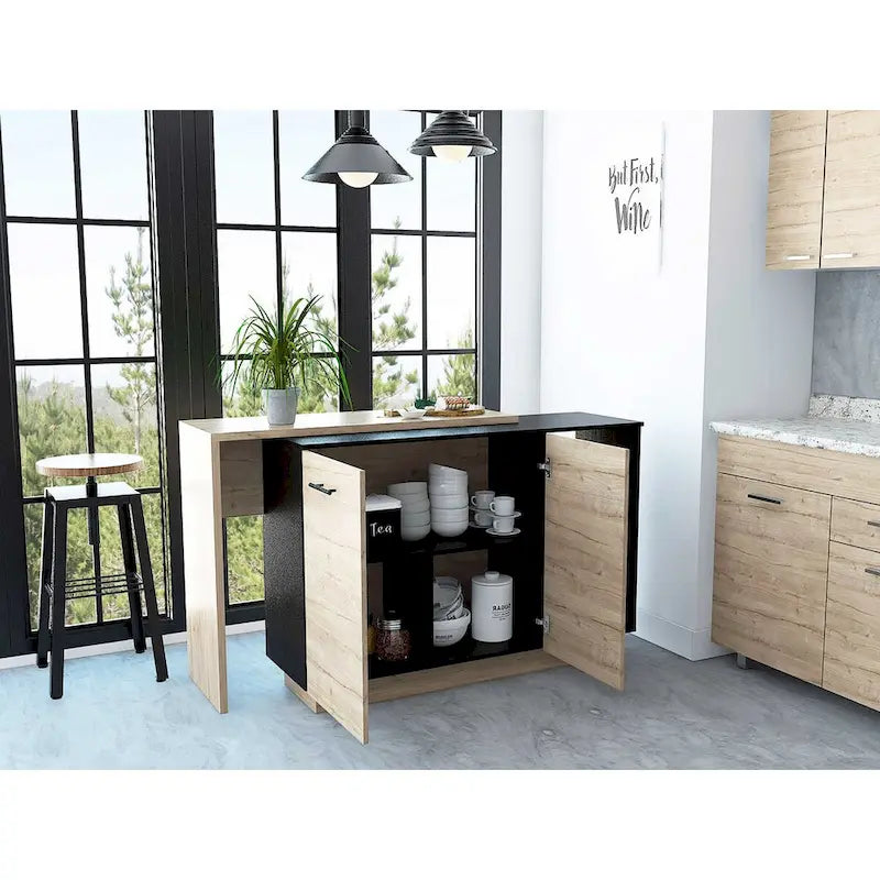 Black Wengue & Light Oak Portable Kitchen Island with Bar Table & Storage