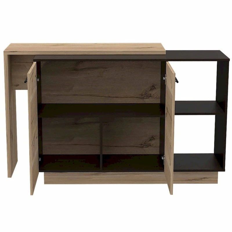 Black Wengue & Light Oak Portable Kitchen Island with Bar Table & Storage