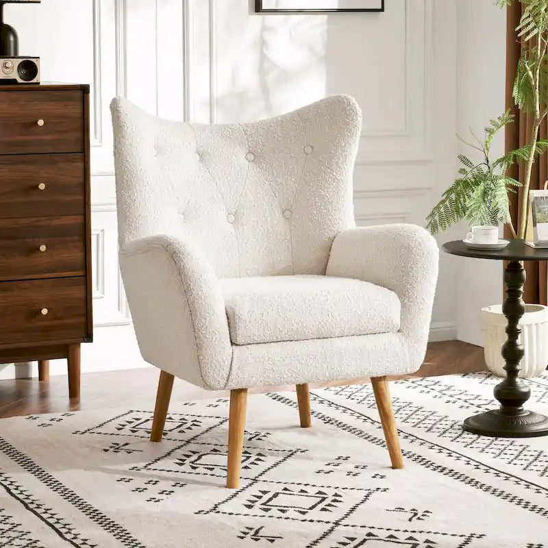 Almond Boucle Wingback Button-Tufted Club Chair with Rubberwood Legs – 1 Person