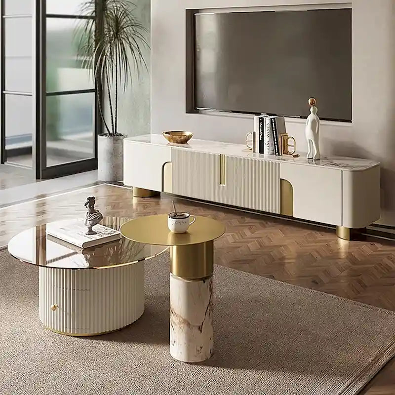 White Sintered Stone Top Media Console with 3 Cabinets & Gold Steel Frame – Fits up to 85 in. TV