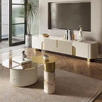 White Sintered Stone Top Media Console with 3 Cabinets & Gold Steel Frame – Fits up to 85 in. TV