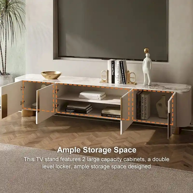 White Sintered Stone Top Media Console with 3 Cabinets & Gold Steel Frame – Fits up to 85 in. TV