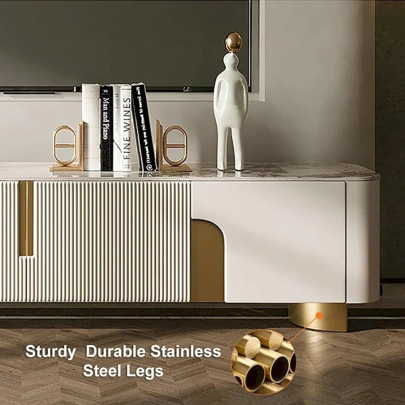 White Sintered Stone Top Media Console with 3 Cabinets & Gold Steel Frame – Fits up to 85 in. TV