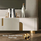 White Sintered Stone Top Media Console with 3 Cabinets & Gold Steel Frame – Fits up to 85 in. TV