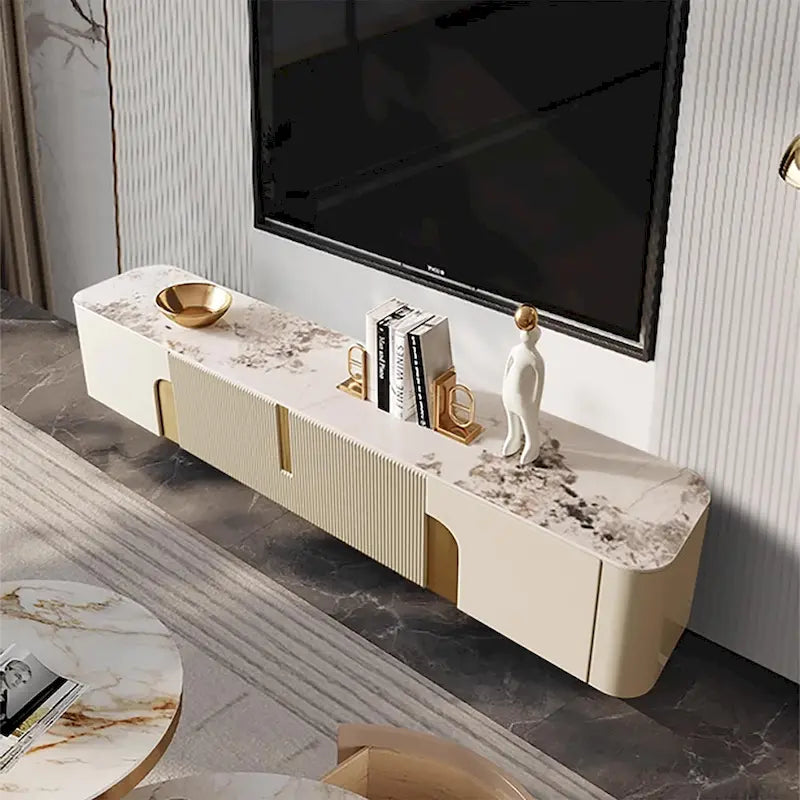 White Sintered Stone Top Media Console with 3 Cabinets & Gold Steel Frame – Fits up to 85 in. TV