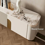 White Sintered Stone Top Media Console with 3 Cabinets & Gold Steel Frame – Fits up to 85 in. TV