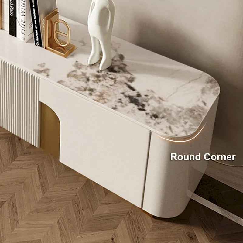 White Sintered Stone Top Media Console with 3 Cabinets & Gold Steel Frame – Fits up to 85 in. TV
