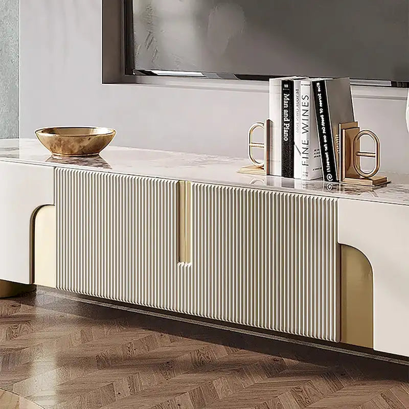 White Sintered Stone Top Media Console with 3 Cabinets & Gold Steel Frame – Fits up to 85 in. TV