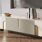 White Sintered Stone Top Media Console with 3 Cabinets & Gold Steel Frame – Fits up to 85 in. TV