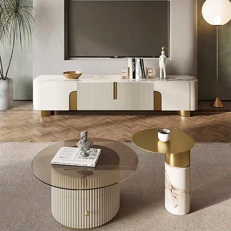 White Sintered Stone Top Media Console with 3 Cabinets & Gold Steel Frame – Fits up to 85 in. TV