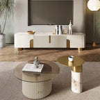 White Sintered Stone Top Media Console with 3 Cabinets & Gold Steel Frame – Fits up to 85 in. TV