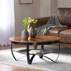 Natural & Black Mango Wood Round Coffee Table with Powder-Coated Iron Legs & Open Shelf